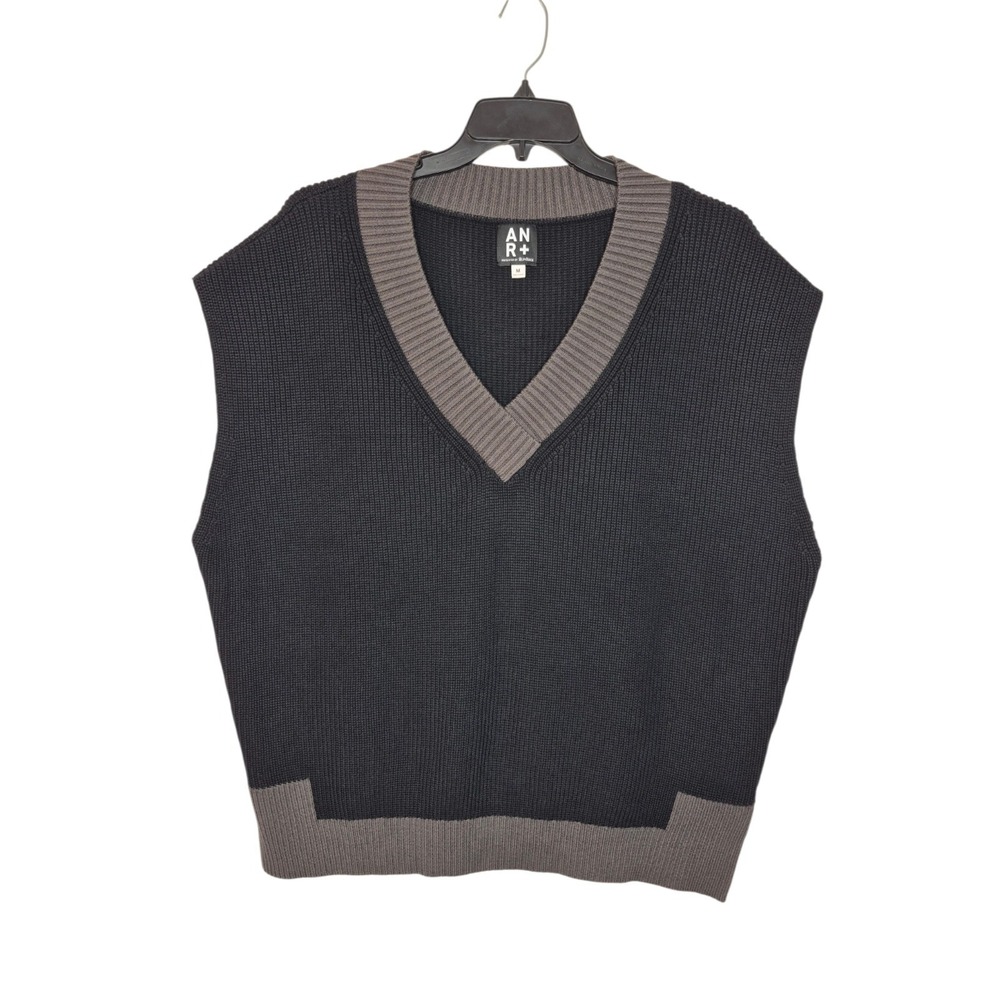 Alp N Rock Evie Oversized V-Neck Knit Sweater Vest Black Grey Womens Med 27x28